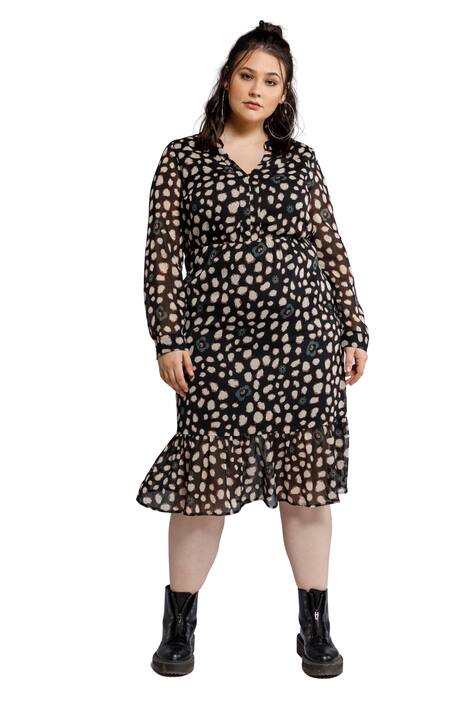 Midi šaty, výstřih do V, dlouhé rukávy, zvířecí potisk, volány