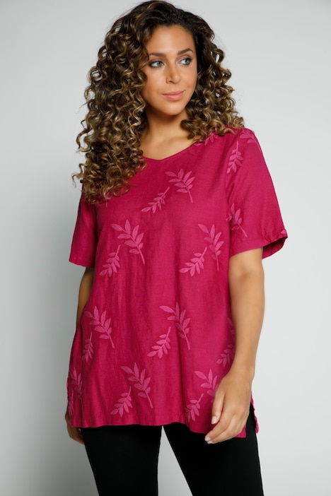Tunique, lin, oversize, manches courtes, broderie
