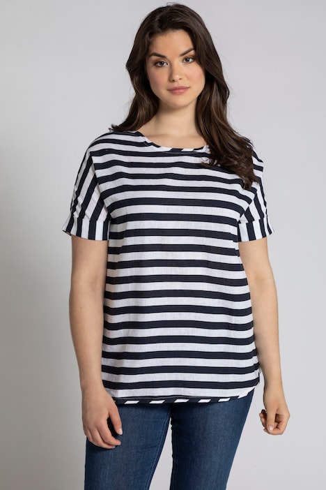 Stripe Round Neck Short Sleeve Linen Blend Shirt