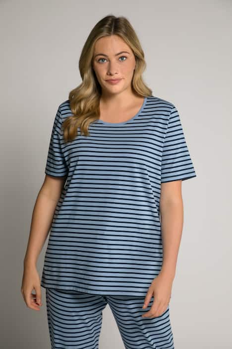 Randig pyjamaströja, rund hals, halv ärm, ekobomull