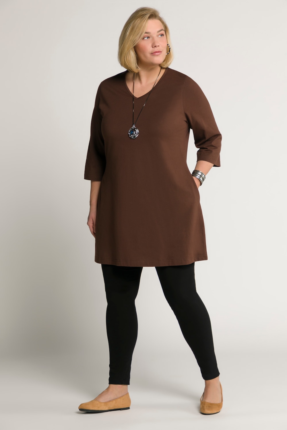 Grote Maten longline shirt, Dames, bruin, Maat: 46/48, Katoen, Ulla Popken