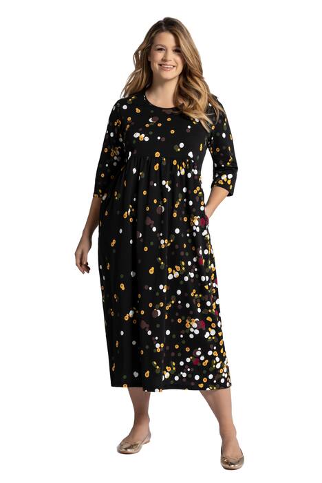 Žerzejové šaty, kulatý výstřih, nařasený příčný šev, 3/4 rukávy, puntíky