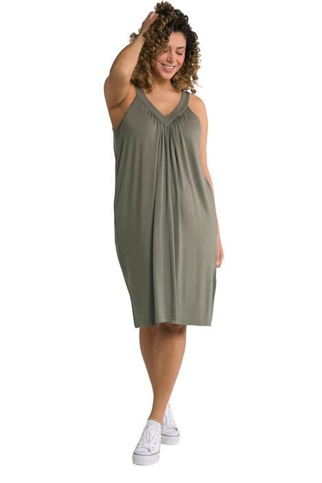 Žerzejové šaty, řasení, A střih, midi délka, výstřih do V, bez rukávů