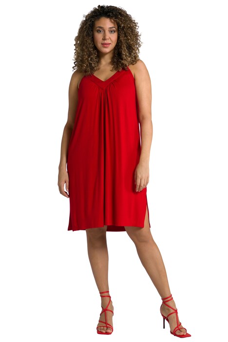 Žerzejové šaty, řasení, A střih, midi délka, výstřih do V, bez rukávů