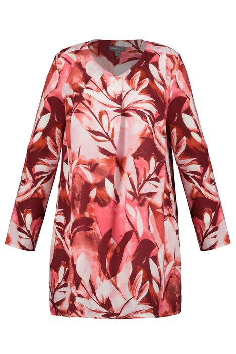 Šaty, listový vzor, výstřih do V, ozdobné sklady, dlouhá tunika