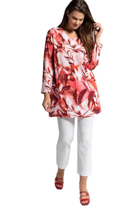 Šaty, listový vzor, výstřih do V, ozdobné sklady, dlouhá tunika