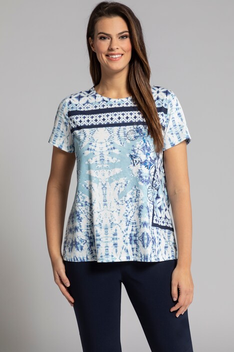 Batik Print Mosaic Patch Round Neck Stretch Tee | T-Shirts | Knit Tops ...