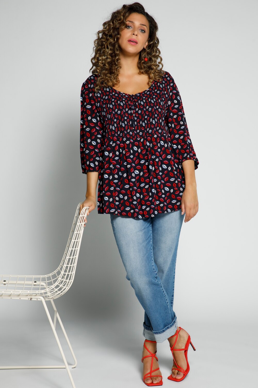 Grote Maten smokblouse, Dames, blauw, Maat: 58/60, Viscose, Ulla Popken Grote Maten smokblouse, Dames, blauw, Maat: 58/60, Viscose, Ulla Popken