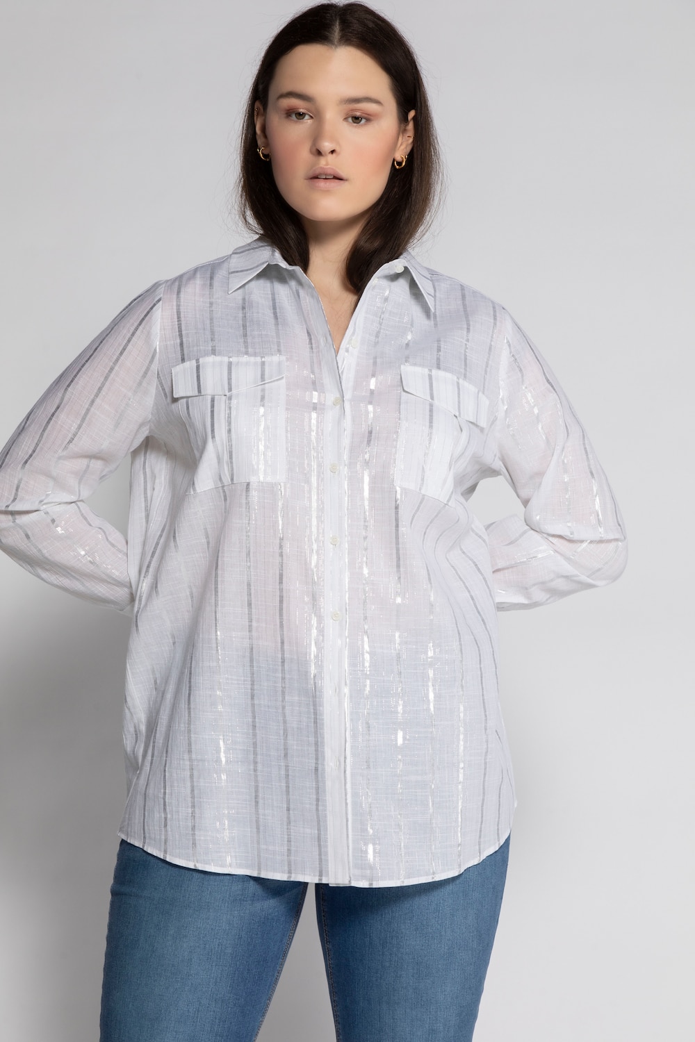 Plus Size Silver Stripe Shirt Blouse, Woman, white, size: 16/18, viscose/synthetic fibers, Studio Untold