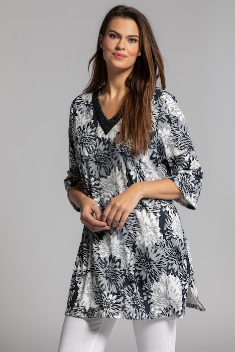 Tonal Floral Print Sequin Accent Stretch Knit Tunic | Tunics | Blouses
