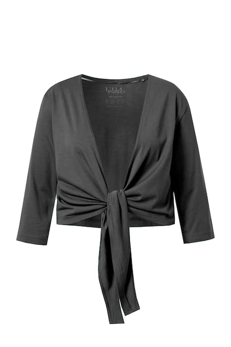 Bolerko, krátká bunda, žerzej, výstřih do V, 3/4 rukávy, uzel na lemu