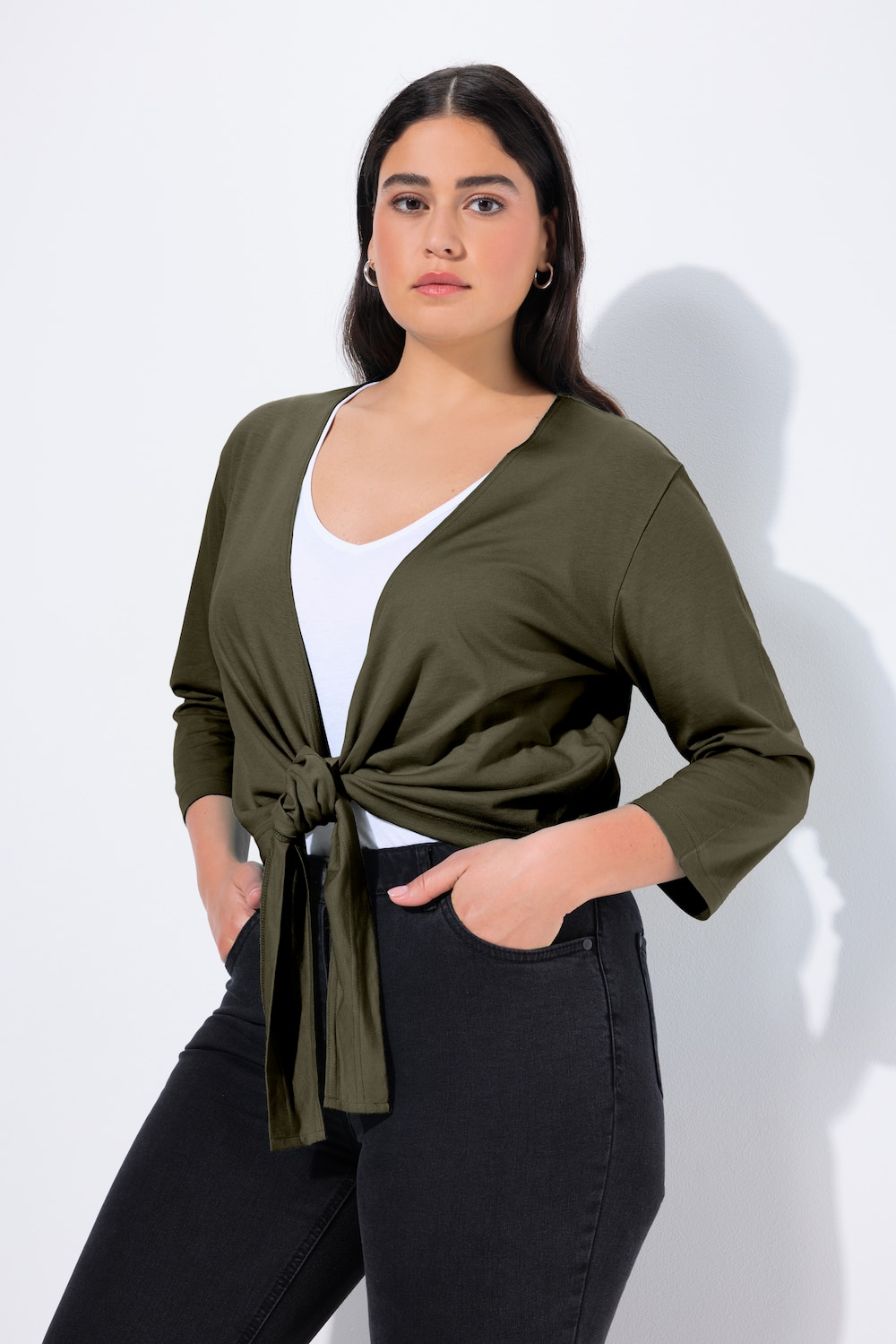 Bolero, kort jakke, jersey, 3/4-lange ærmer, kantknude