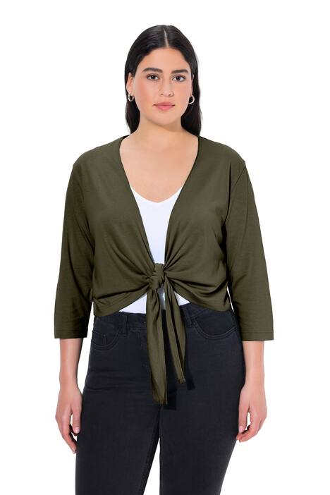 Bolerko, krátká bunda, žerzej, výstřih do V, 3/4 rukávy, uzel na lemu