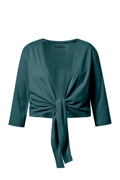 Bolerko, krátká bunda, žerzej, výstřih do V, 3/4 rukávy, uzel na lemu