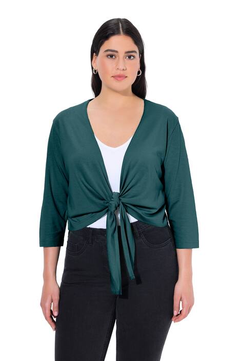 Bolerko, krátká bunda, žerzej, výstřih do V, 3/4 rukávy, uzel na lemu