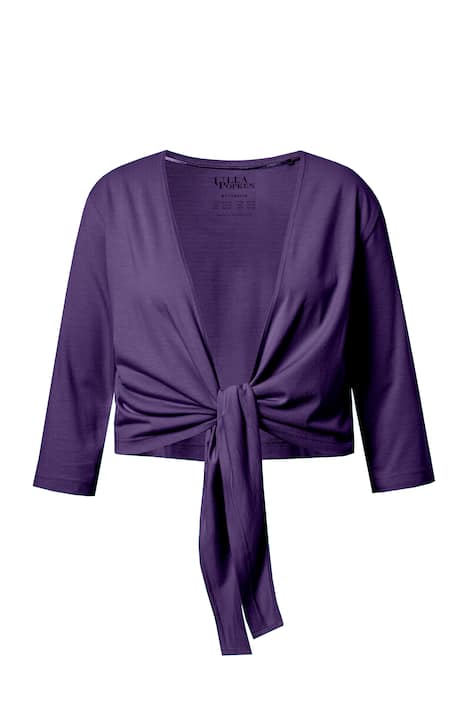 Bolerko, krátká bunda, žerzej, výstřih do V, 3/4 rukávy, uzel na lemu