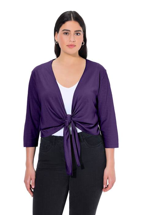 Bolerko, krátká bunda, žerzej, výstřih do V, 3/4 rukávy, uzel na lemu