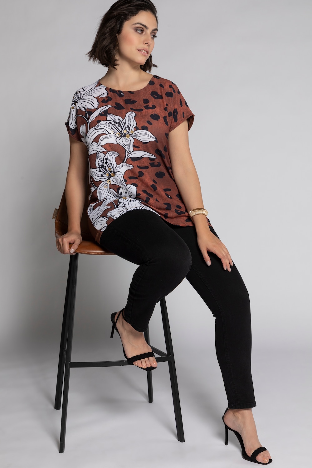 Plus Size Mixed Fabric Floral Leopard Print Round Neck Top, Woman, brown, size: 20/22, polyester/viscose, Ulla Popken