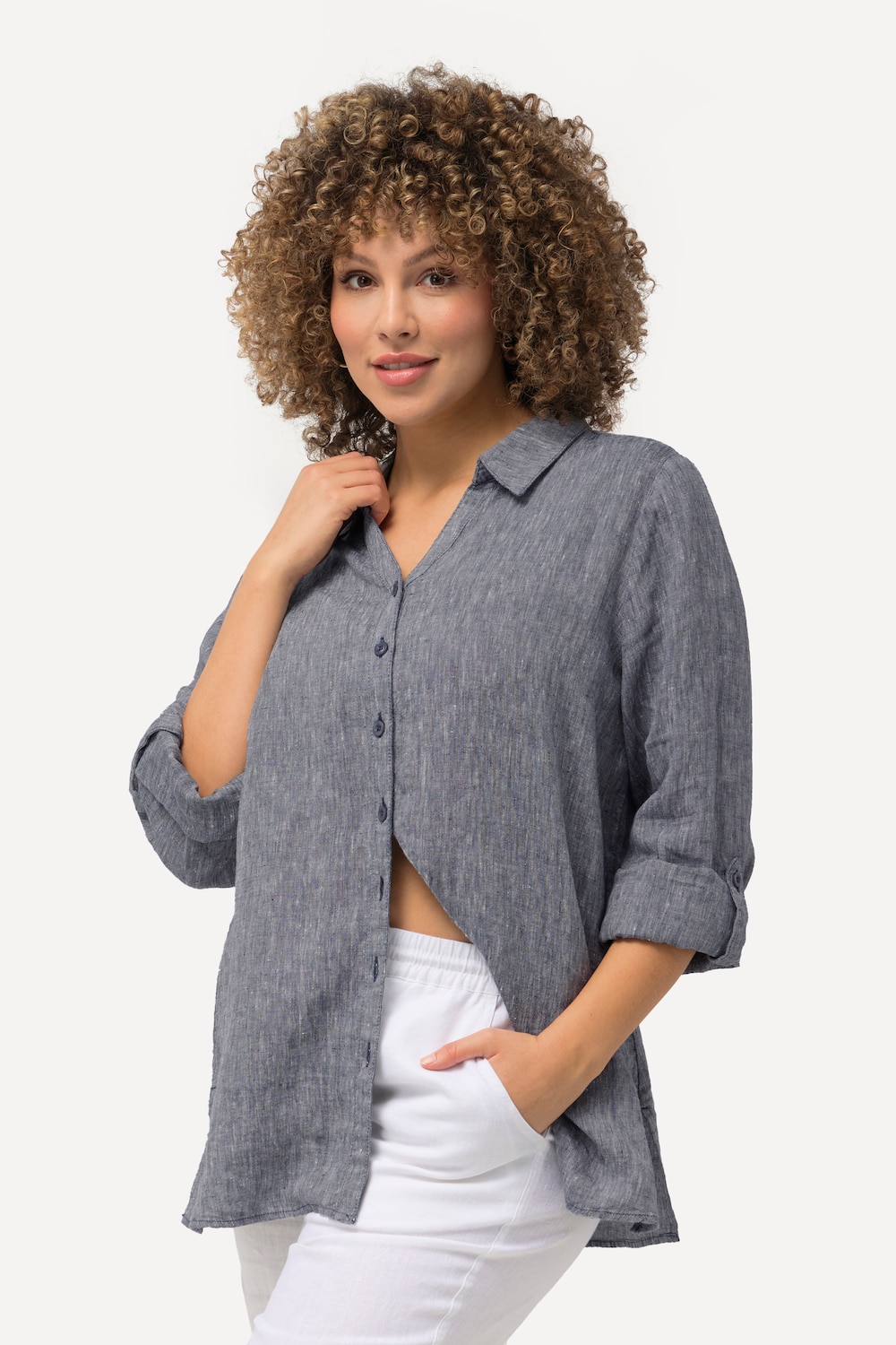 Bluse, Leinen, offener Kragen, Langarm