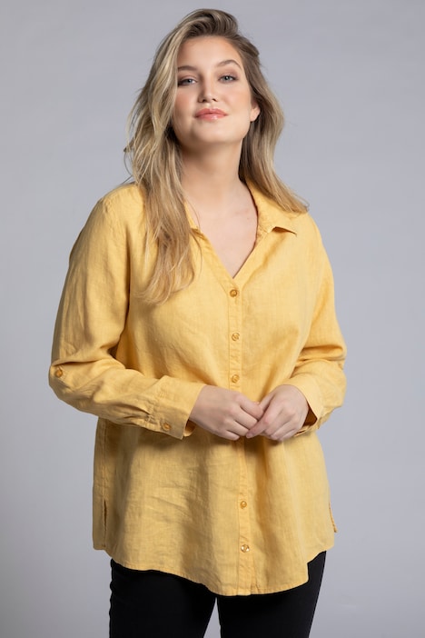 Roll-Tab Sleeve Button Front Linen Blouse | all Blouses | Blouses