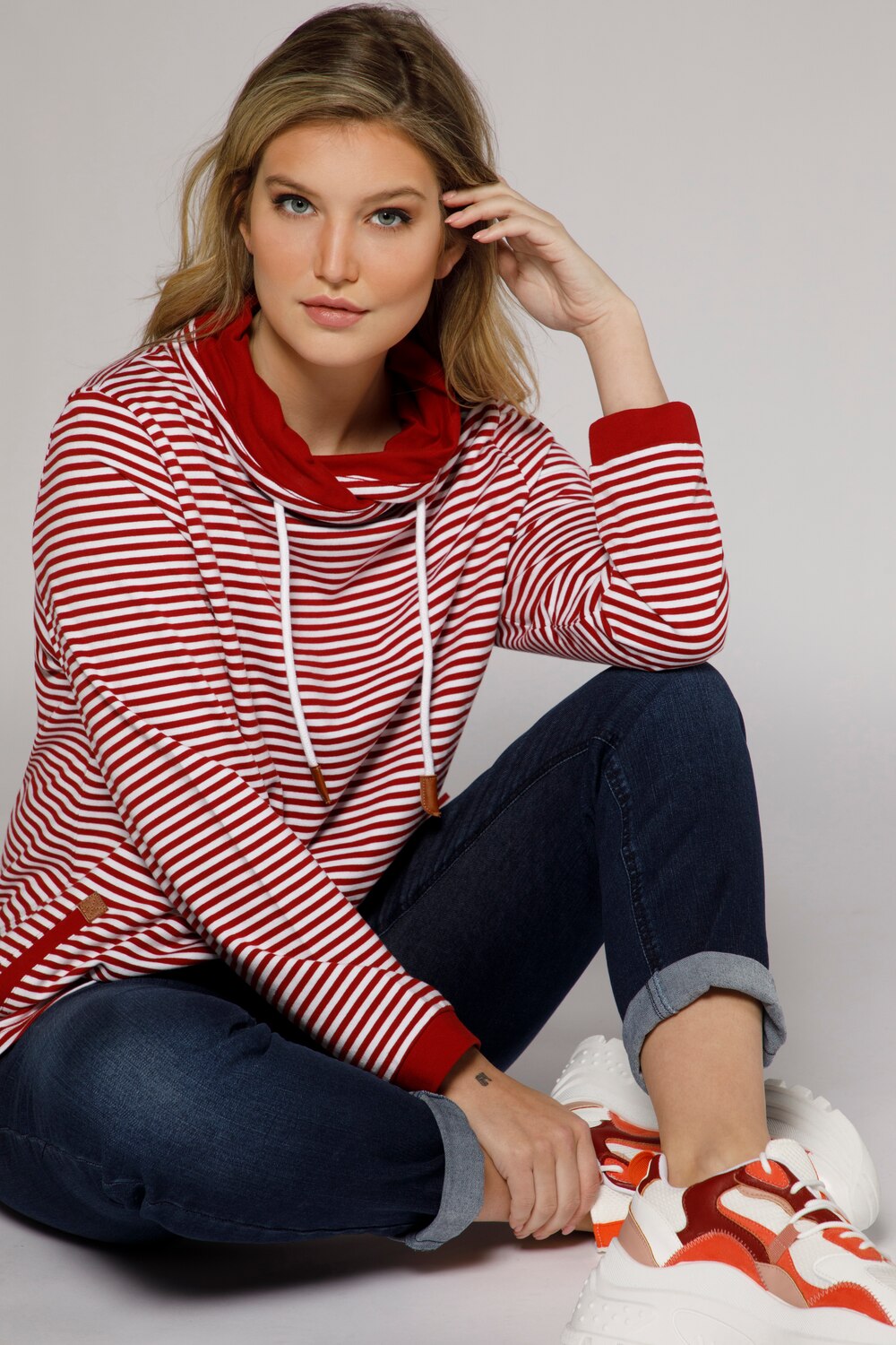 Plus Size Fine Stripe Draped Collar Sweatshirt, Woman, red, size: 20/22, cotton/polyester, Ulla Popken