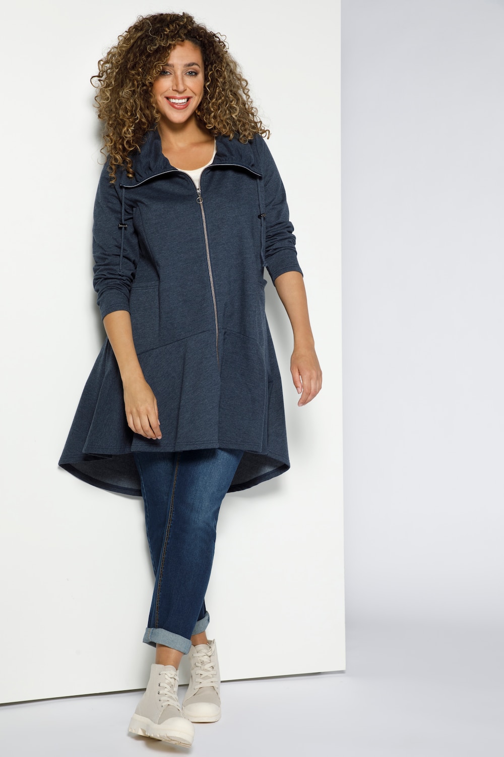 Grote Maten longline sweatjas, Dames, blauw, Maat: 50/52, Katoen, Ulla Popken