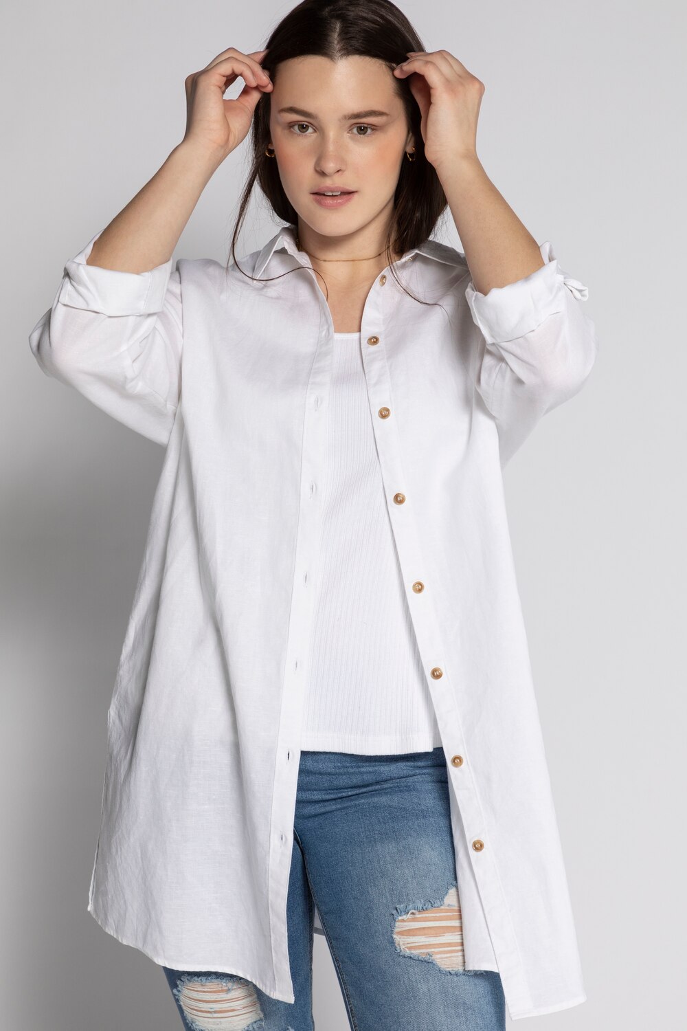 Plus Size Linen Blend Button Front Shirt, Woman, white, size: 16/18, linen/cotton, Studio Untold