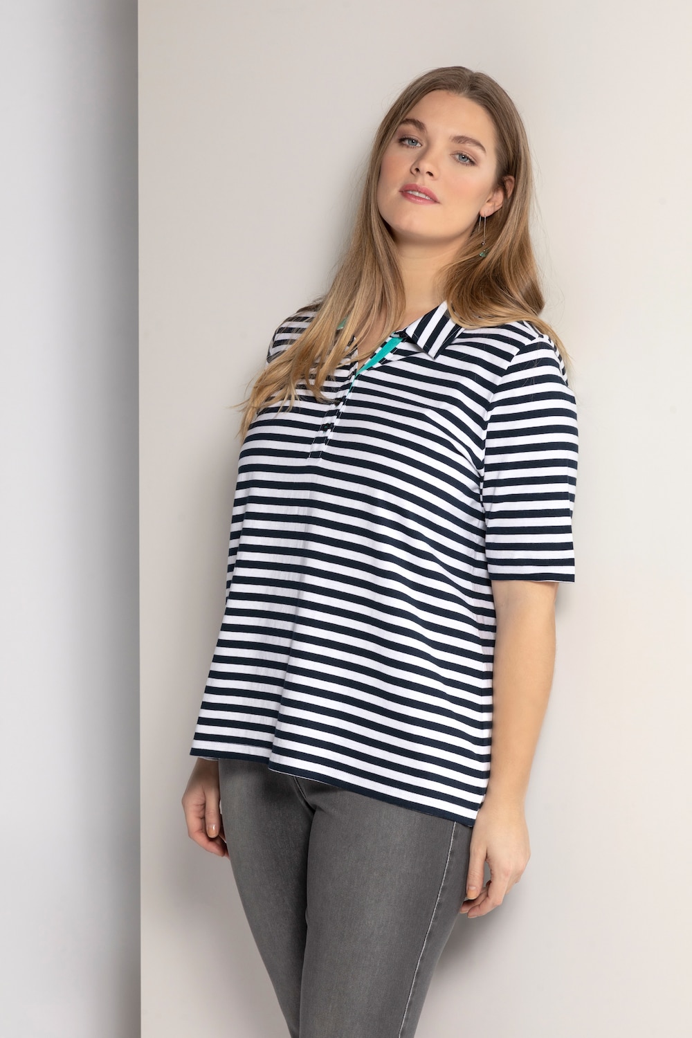 Plus Size Contrast Trim Polo Shirt, Woman, white, size: 20/22, cotton, Ulla Popken