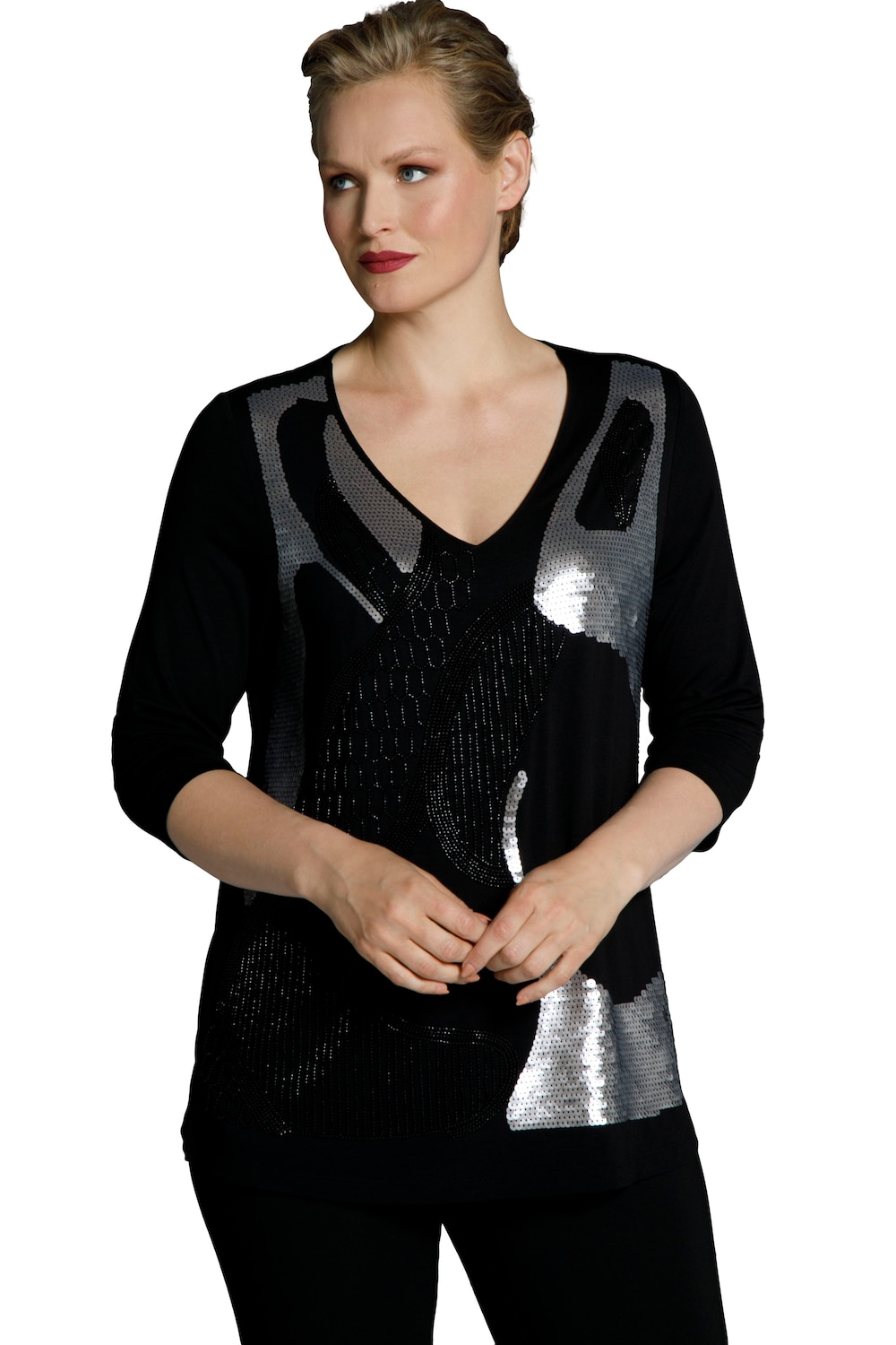Plus Size Beads & Sequins V-Neck Stretch Knit Top, Woman, black, size: 20/22, viscose, Ulla Popken