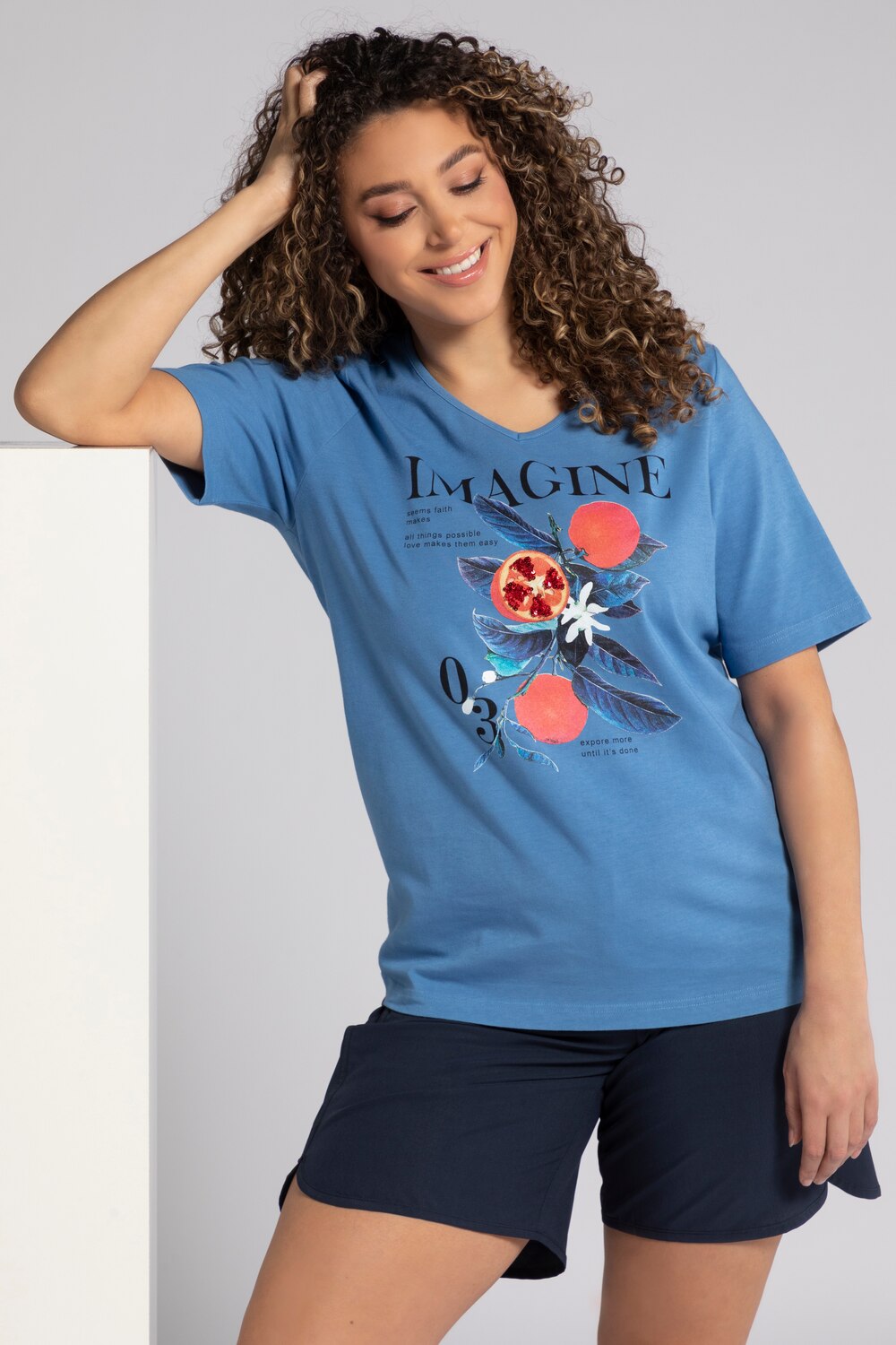 Grote Maten T-shirt, Dames, blauw, Maat: 50/52, Katoen, Ulla Popken