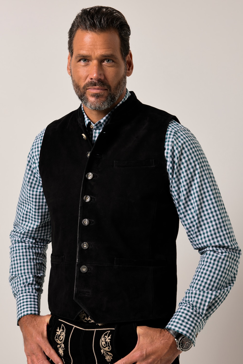 JP1880 vest, suède van geitenleer, traditioneel kostuum, opstaande kraag, tot maat 70