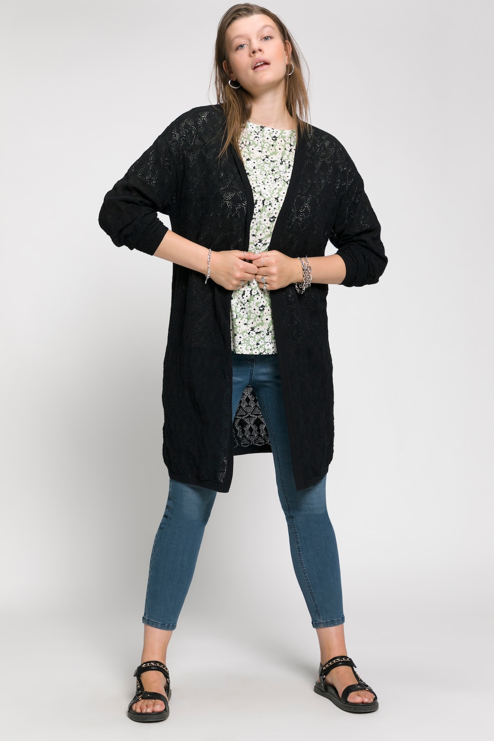 Plus Size Soft Textured Knit Long Cardigan, Woman, black, size: 16/18, cotton, Studio Untold