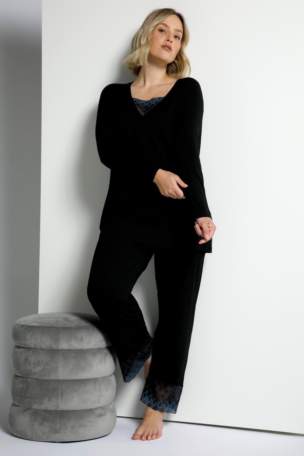 Grote Maten pyjama, Dames, zwart, Maat: 50/52, Katoen/Viscose, Ulla Popken Grote Maten pyjama, Dames, zwart, Maat: 50/52, Katoen/Viscose, Ulla Popken