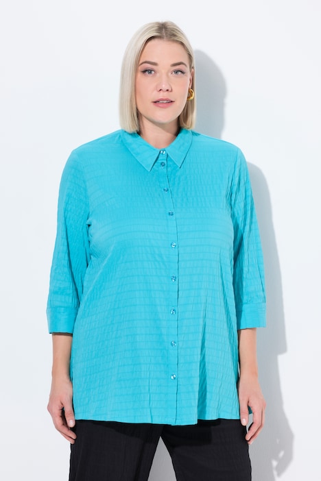 Bubble Texture Solid Button Front Stretch Blouse