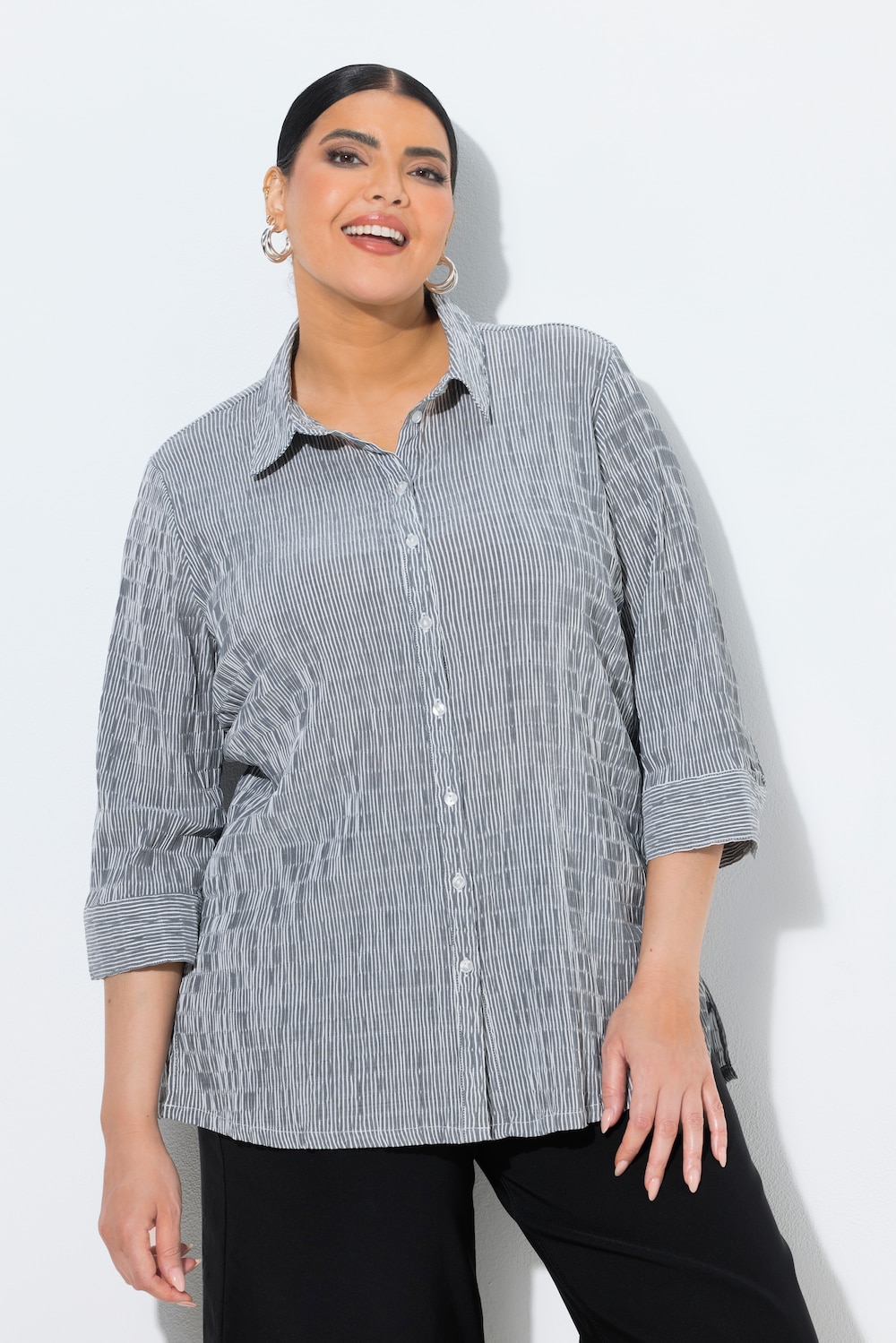 Bubble-Bluse, Streifen, Hemdkragen, 3/4-Arm