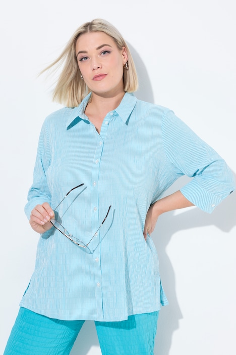 Textured Stripe Button Front Stretch Blouse