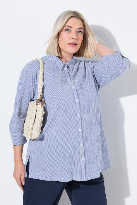 Textured Stripe Button Front Stretch Blouse