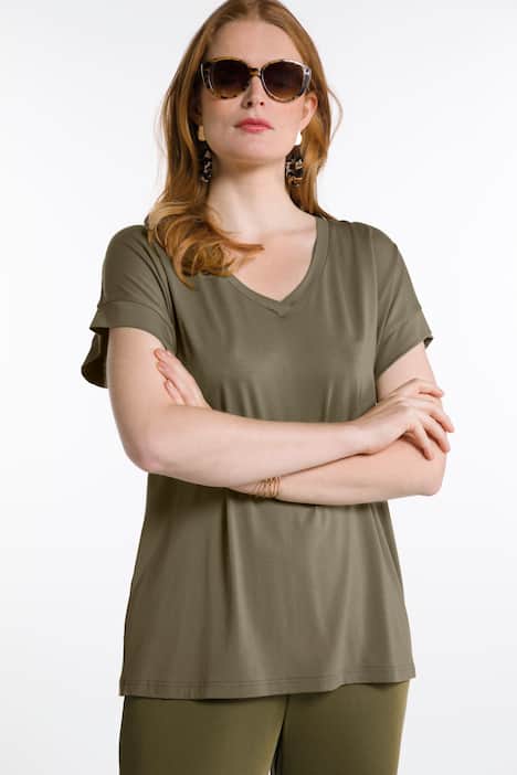 T-Shirt, kurz, Slim, V-Ausschnitt, Halbarm, Krepp