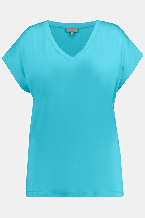 T-shirt, court, slim, décolleté en V, manches mi-longues, tissu crêpe