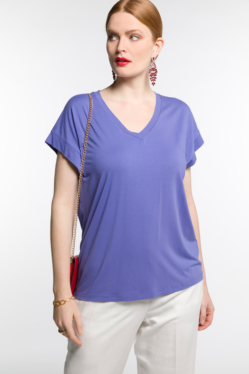 Plus Size V-Neck Crepe Stretch Knit Top, Woman, purple, size: 20/22, viscose, Ulla Popken