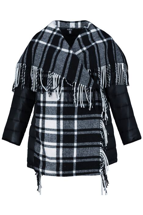 Pončo bunda, pačvork vzhled, A střih, třásně, lehce prošívaná