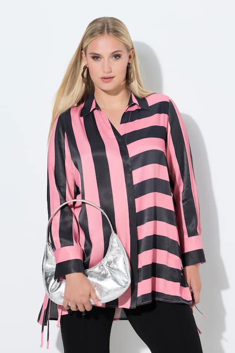 blouse, blokstrepen, overhemdkraag, lange mouwen