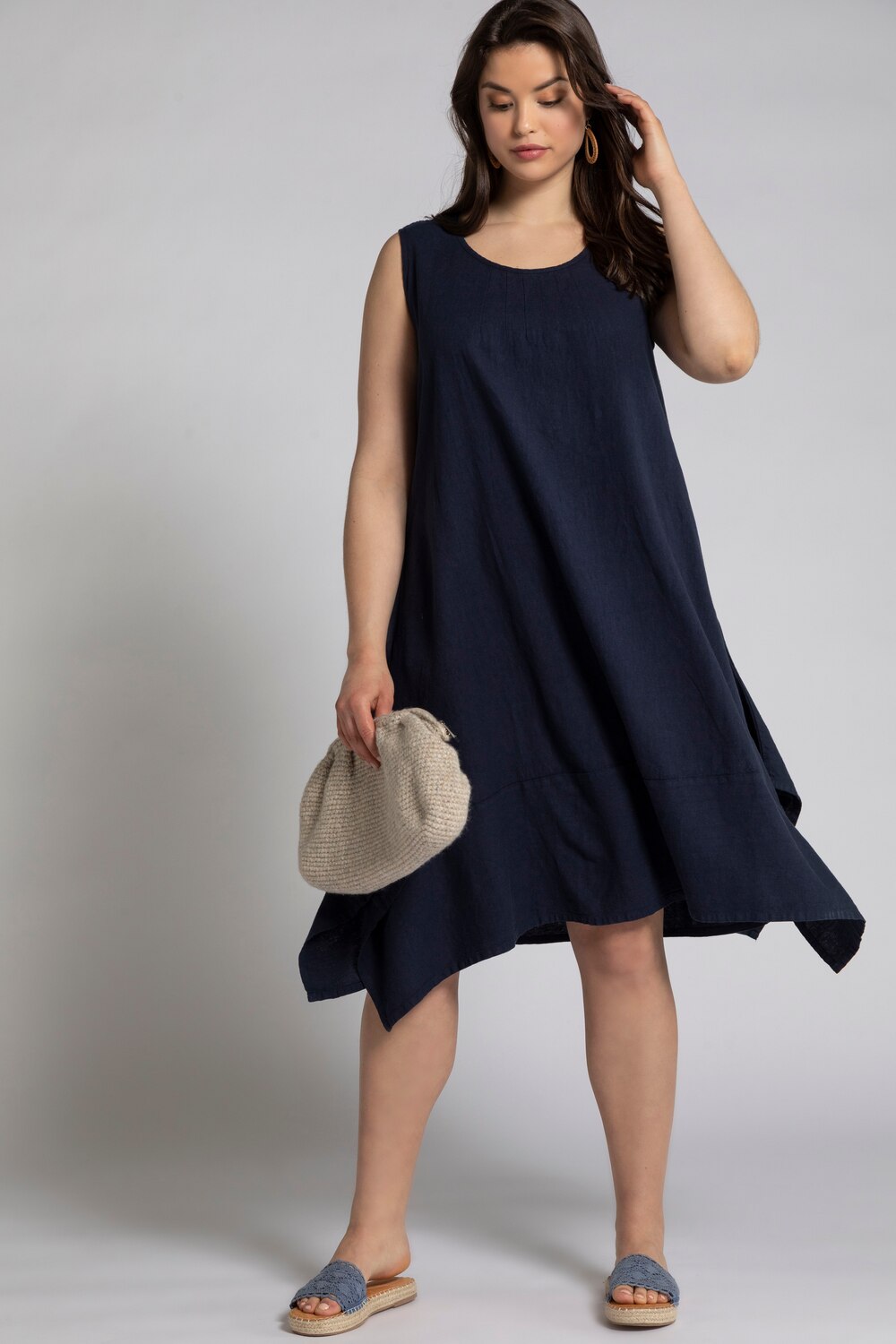 Plus Size Crochet Inset Pointed Hem Linen Blend Tank Dress, Woman, blue, size: 28/30, linen/viscose, Ulla Popken