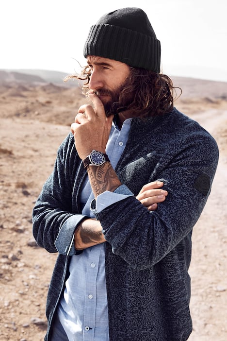 Stickad kofta, twotone-stickad, ståkrage, upp till 8 XL