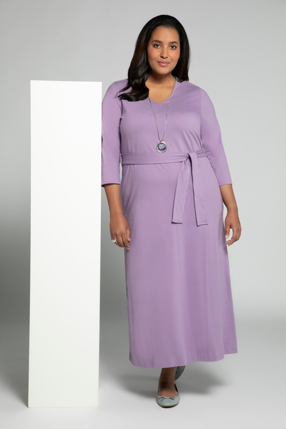 Plus Size Sash V-Neck Cotton Knit Pocket Dress, Woman, purple, size: 20/22, cotton, Ulla Popken