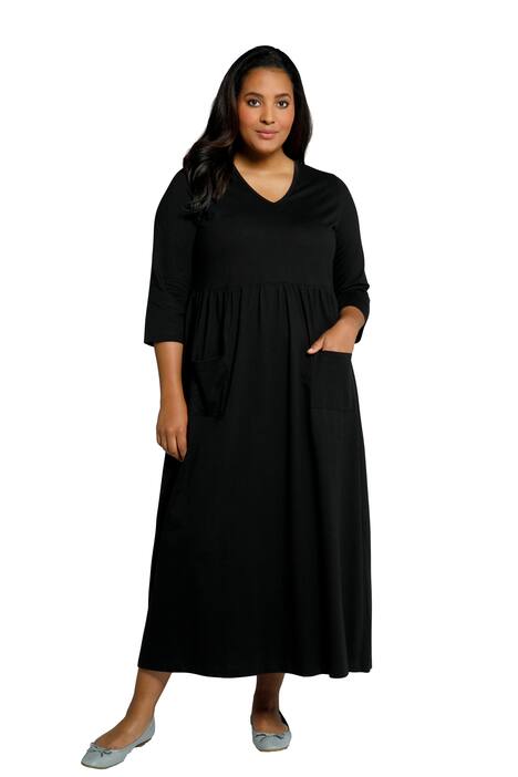 Maxi šaty, princesový šev, kapsy, výstřih do V, 3/4 rukávy