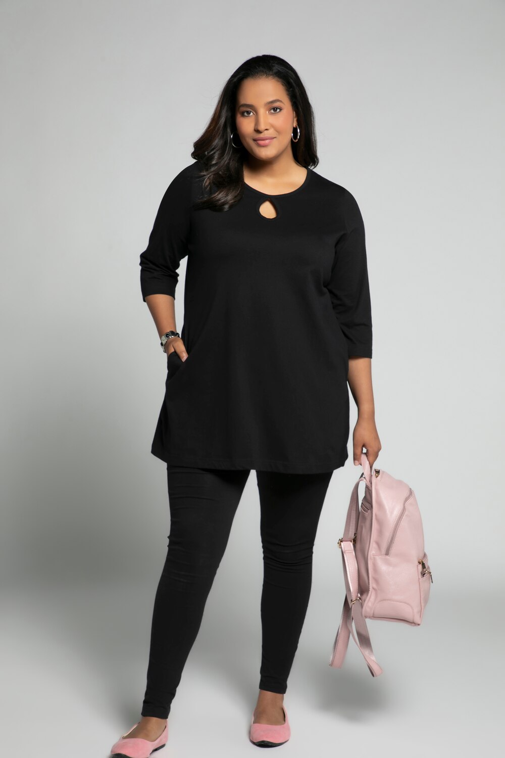 Plus Size Keyhole Pocket Knit Tunic, Woman, black, size: 24/26, cotton, Ulla Popken