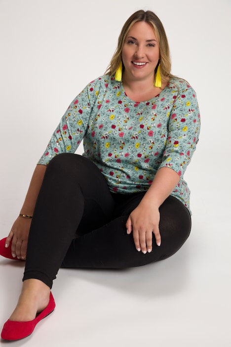 Mint Floral Print Round Neck Cotton Tee