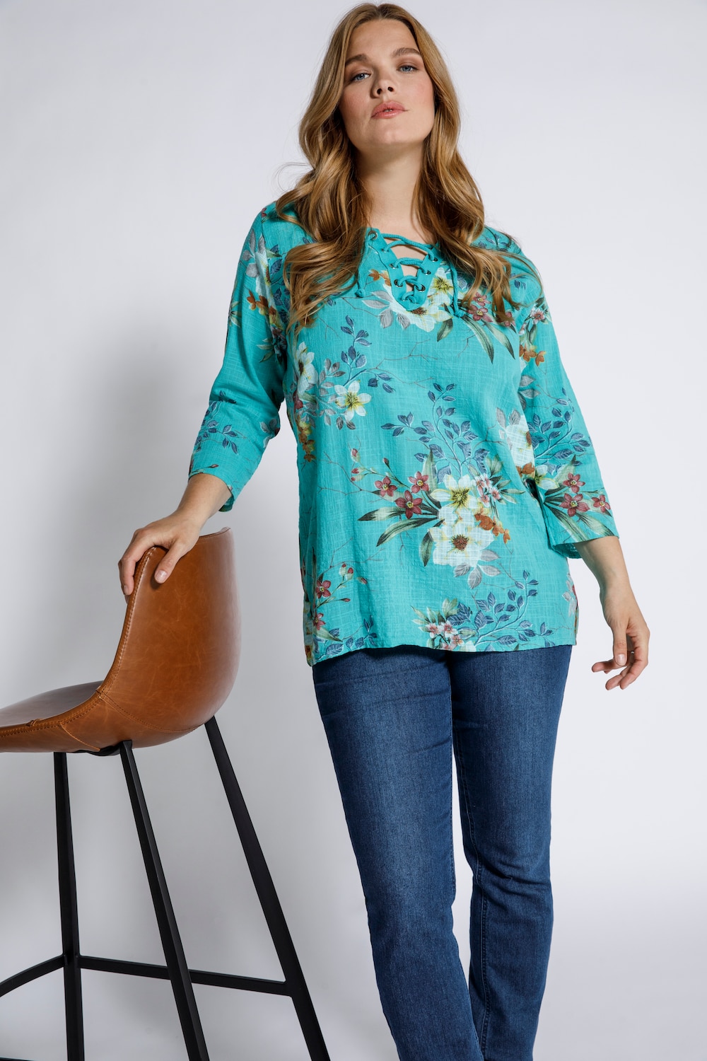 Grote Maten blouseshirt, Dames, turquoise, Maat: 58/60, Katoen, Ulla Popken