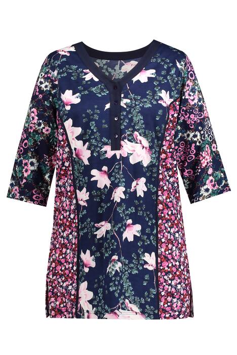 Dlouhé tričko, mix vzorů, výstřih do V, knoflíky, 3/4 rukávy